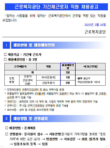  [채용][근로복지공단] [순천병원] 기간제근로자 채용공고