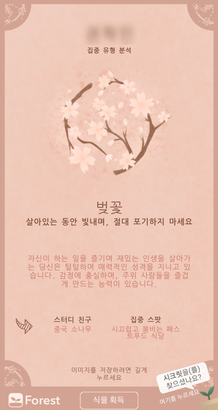  forest-mt 포레스트 심리테스트 나만의 꽃 심기 어플, 벚꽃 나왔어요. (집중 유형 분석)