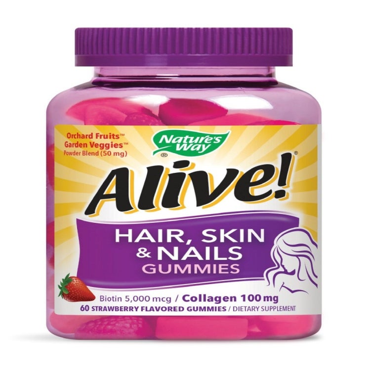 [뜨는상품]Nature's Way Alive Hair Skin Nail Biotin Collagen 60 Gummi 알파맨 임산부엘레비트 얼라이브원스데일리포맨 닥터베스트멀티비타민 솔가프리네이탈 30대남자영양제, 1개, 1미리 챙겨 두세요