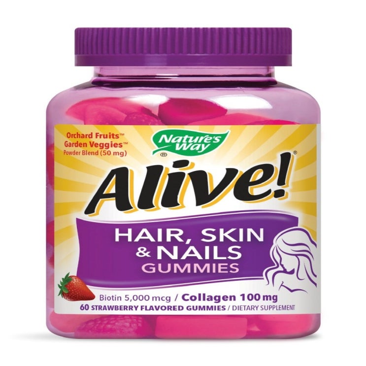  [뜨는상품]Nature's Way Alive Hair Skin Nail Biotin Collagen 60 Gummi 알파맨 임산부엘레비트 얼라이브원스데일리포맨 닥터베스트멀티비타민 솔가프리네이탈 30대남자영양제, 1개, 1미리 챙겨 두세요