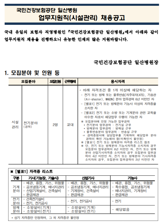 [채용][국민건강보험공단] 일산병원 업무지원직(경력 전기설비분야)-2명) 모집공고