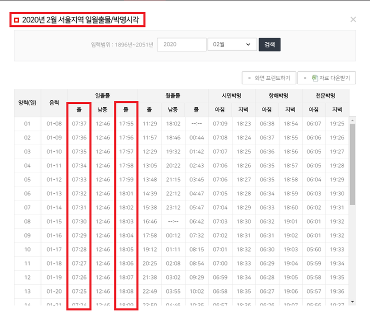 계산식으로 일출몰 시간 구하기 2 계산식으로 일출몰 시간 구하기 2