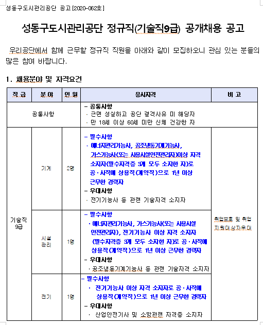  [채용][성동구도시관리공단] 정규직(기술직9급, 기계/시설관리/전기) 공개채용 공고