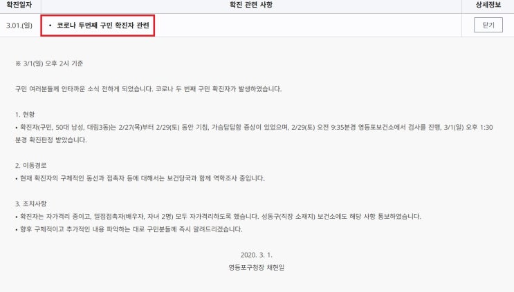  영등포구 두번째 신종코로나 바이러스 두번째 확진자 발생(영등포구 대림3동)