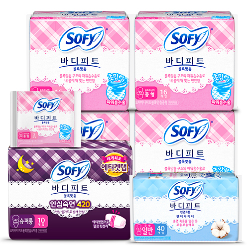  쏘피 볼록맞춤 생리대 중형 16p x 4  중형 2p  안심숙면 420 슈퍼롱 10p  천연코튼 팬티라이너 일반 무향 40p 1세트