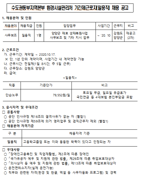 [채용][한국환경공단] 수도권동부지역본부 환경시설관리처 기간제근로자(일용직) 채용공고(양양매호, 2차공고)