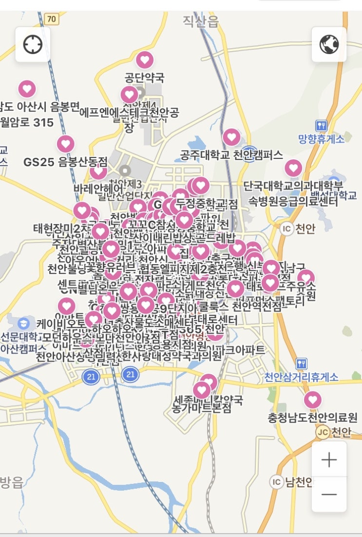 천안시 코로나19 확진자 이동경로 지도