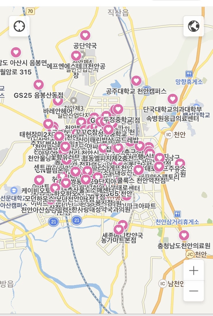 천안시 코로나19 확진자 이동경로 지도