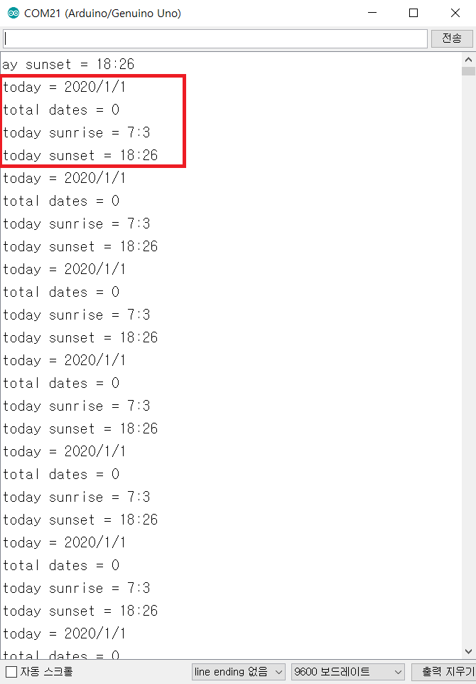 배열에 일출몰 시간을 저장하여 LED를 제어하는 예제입니다 배열에 일출몰 시간을 저장하여 LED를 제어하는 예제입니다