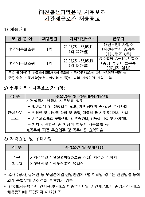  [채용][한국토지주택공사] LH 대전충남지역본부 기간제근로자(유기계약) 채용 공고