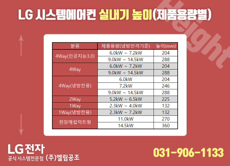  LG 시스템에어컨 실내기 높이