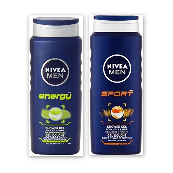  Nivea MEN 샤워 젤 트윈 세트 스포츠  에너지 바디 페이스  헤어 워시 2 x 500ml 대형 병 One Color One Siz