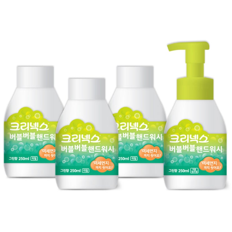   바이러스 차단 손세정제 크리넥스 버블버블 핸드워시 그린향 펌프형 250ml + 캡형 리필 250ml x 3p, 1세트_37 손세정제 추천 제품입니다.