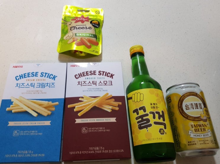 cu 꿀꺽소주 + 대만꿀맥주 + 카스 + 치즈스틱(크림치즈,스모크), 스모크드 치즈 + 콘치즈