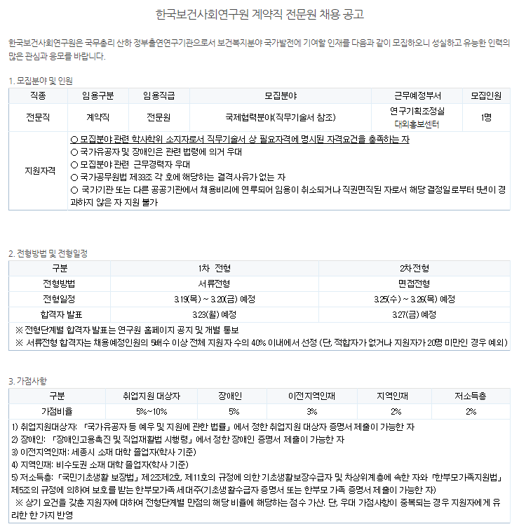  [채용][한국보건사회연구원] 계약직 전문원 채용 공고(대외홍보센터)