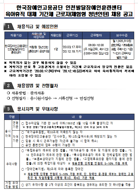  [채용][한국장애인고용공단] [인천발달장애인훈련센터] 육아휴직 대체 기간제 근로자(체험형 청년인턴) 채용 공고