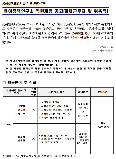  [채용][육아정책연구소] 연구직 직원 채용 공고(제3호 계약직 연구원(대체근무자), 위촉직 연구원)