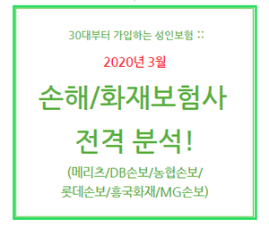  [2020년 3월] 30대부터 가입하는 성인보험! 손해/화재보험사 전격 분석! (메리츠/DB손보/농협손보/롯데손보/흥국화재/MG손보) 4월 보험료 인상 전에 현명하개 준비하자!