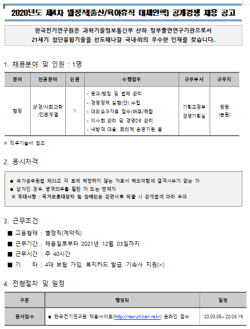 [채용][한국전기연구원] 2020년도 제4차 별정직(출산/육아휴직 대체인력) 공개경쟁 채용 공고