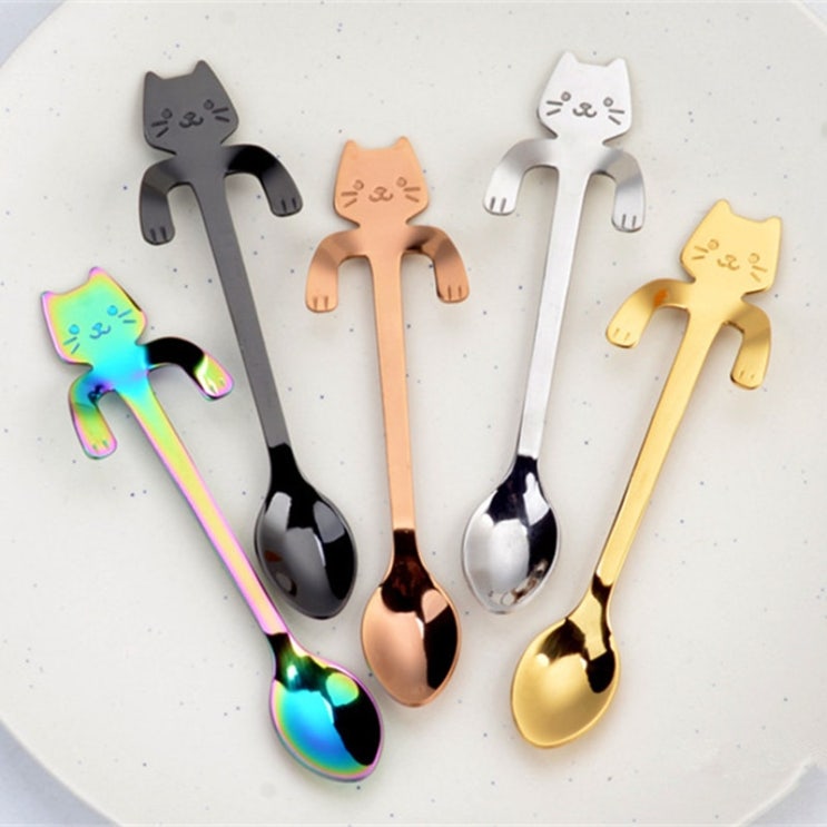  5 개 Cat Shaped Mini Coffee  차 숟가락 Stainless Steel 긴 Handle 큰 모티브 Kitty 숟가락 디저트