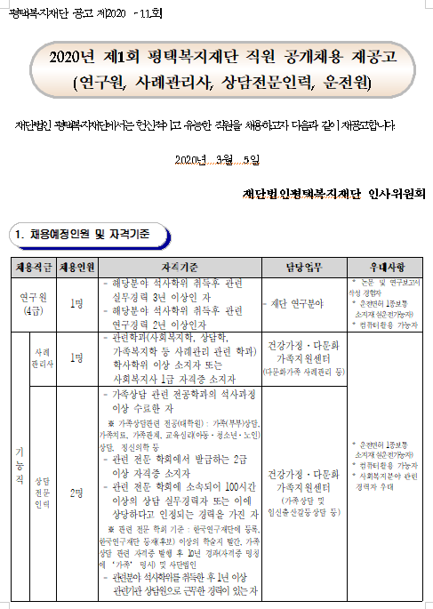  [채용][평택복지재단] 2020년 제1회 직원 공개채용 재공고(연구원, 사례관리사, 상담전문인력, 운전원)