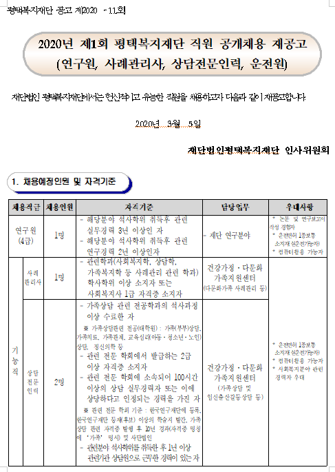 [채용][평택복지재단] 2020년 제1회 직원 공개채용 재공고(연구원, 사례관리사, 상담전문인력, 운전원)