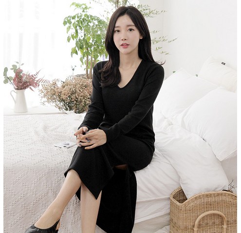  롱원피스(종아리아래) 핫템 세이스타일 잔골 긴팔 V넥 트임 원피스 구매