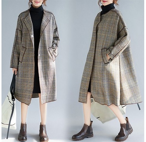  봄가을 코트 유명브랜드 큰언니 빅사이즈 봄신상 긴팔 체크코트 롱코트 BS03663# 당일배송 상품 신상품 
