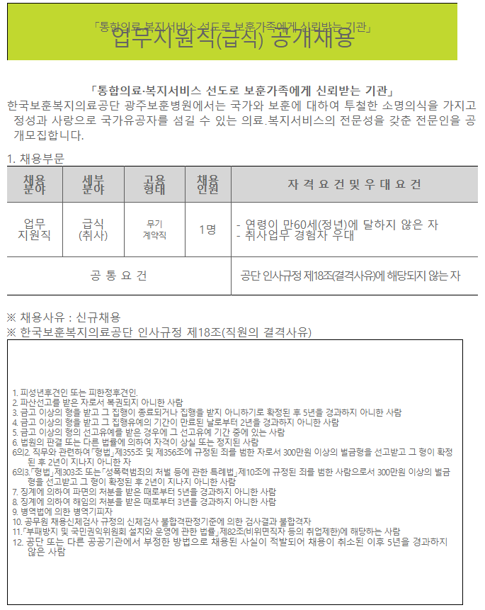  [채용][한국보훈복지의료공단] [광주보훈병원] 업무지원직 급식(취사) 공개채용
