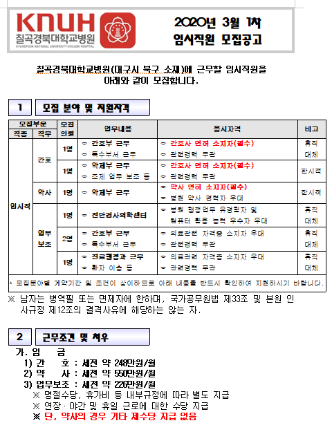  [채용][경북대학교병원] 칠곡경북대학교병원 2020년 3월 1차 임시직원 채용공고