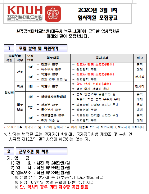 [채용][경북대학교병원] 칠곡경북대학교병원 2020년 3월 1차 임시직원 채용공고