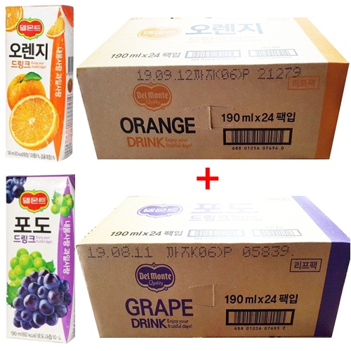  <핫딜><핫딜>가성비가 좋은 델몬트 드링크 190ml (오렌지x24팩) + (포도x24팩), 48팩 들여가세요~~