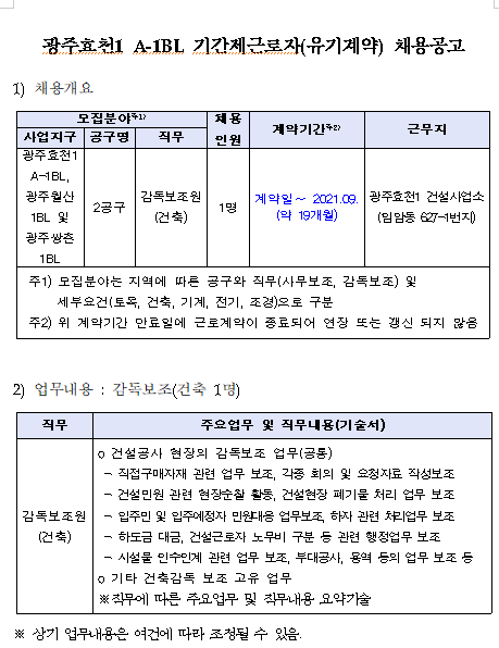  [채용][한국토지주택공사] LH 기간제근로자 채용공고(광주효천1 A-3BL 현장감독보조)