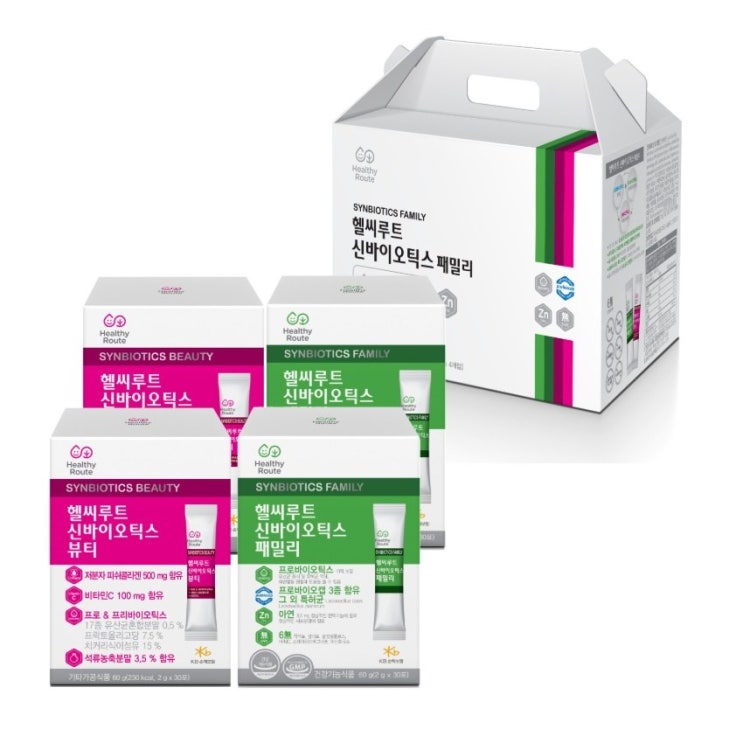  헬씨루트 신바이오틱스 패밀리 뷰티 혼합세트 생유산균 면역력 아연 저분자콜라겐 비타민C 석류, 4개, 2g x 30포