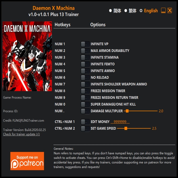  200226-데몬 엑스 마키나 트레이너 (Daemon X Machina Trainer v1.0-v1.0.1 +13)3DM