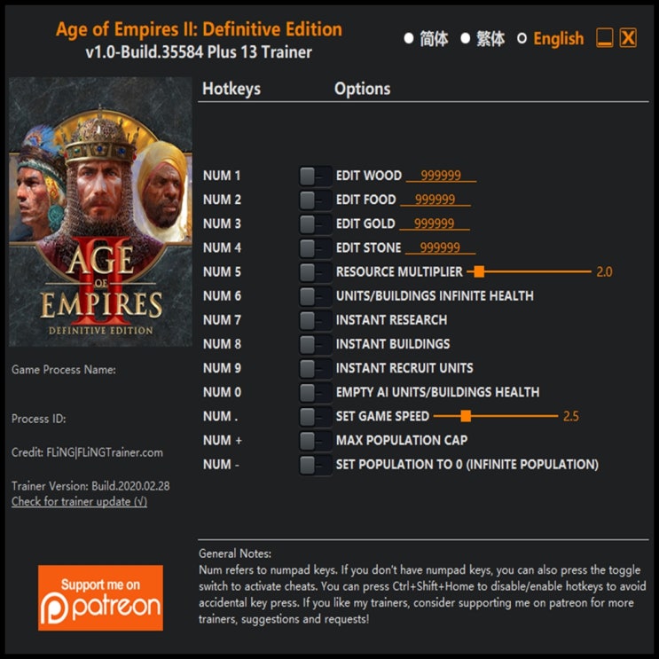  200229-에이지 오브 엠파이어 2 디피니티브 에디션 트레이너 (Age of Empires II Definitive Edition Trainer v1.0 +13)3DM