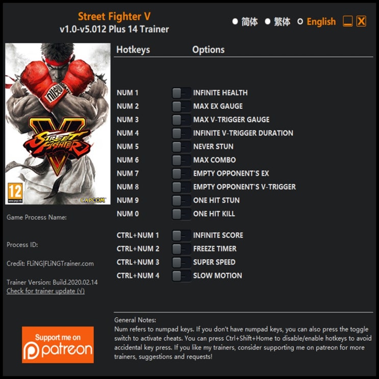  200214-스트리트 파이터 5 트레이너 (Street Fighter V Trainer v1.0-v5.012 +14)3DM