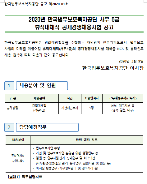  [채용][한국법무보호복지공단] 2020년 서무 5급 휴직대체직 공개경쟁채용시험 공고