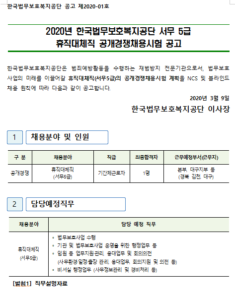 [채용][한국법무보호복지공단] 2020년 서무 5급 휴직대체직 공개경쟁채용시험 공고