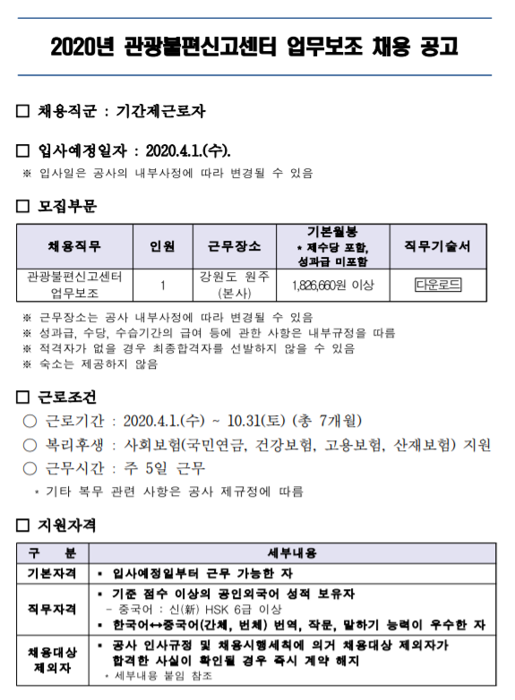  [채용][한국관광공사] 2020년 관광불편신고센터 업무보조 채용 공고