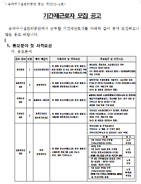  [채용][송파구시설관리공단] 기간제근로자 모집 공고(어르신일자리)