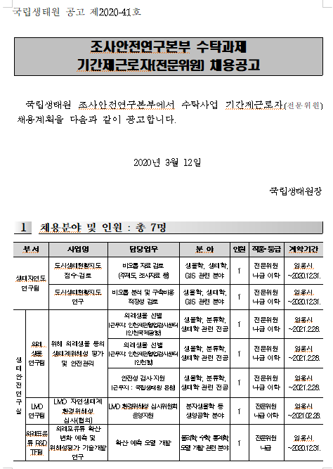 [채용][국립생태원] 조사안전연구본부 수탁과제 기간제근로자(전문위원) 채용공고