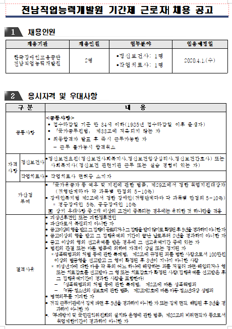 [채용][한국장애인고용공단] [전남직업능력개발원] 2020년 체험형 청년인턴(작업치료사,정신보건사) 채용 공고