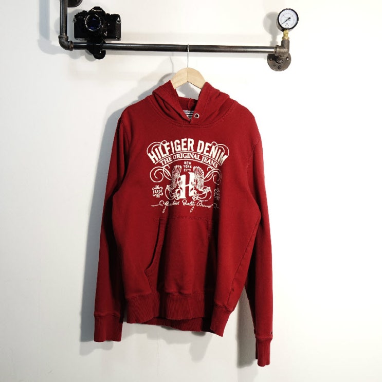  ※※ TOMMY HILFIGER 타미힐피거 레드 면 후드티 공용 M 3096