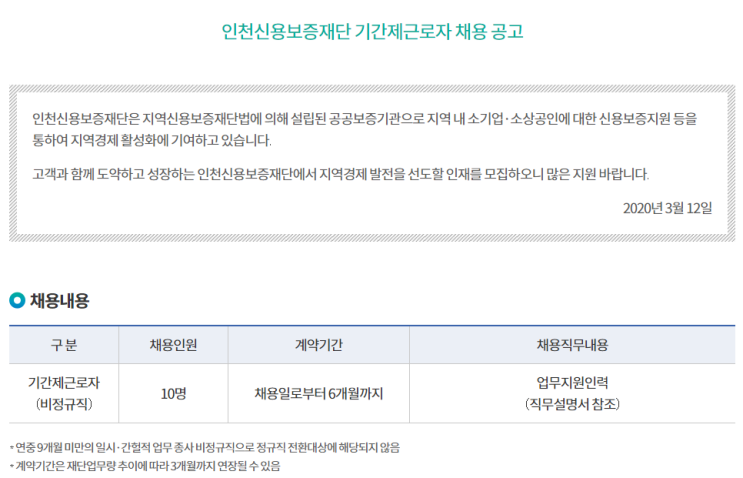 [채용][인천신용보증재단] 기간제근로자 채용 공고