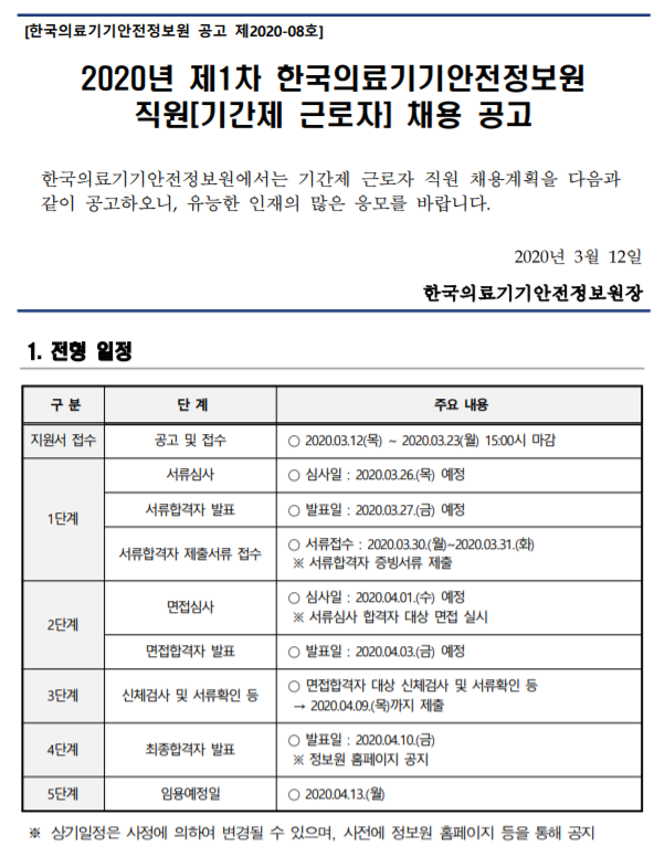 [채용][한국의료기기안전정보원] 2020년 제1차 직원(기간제 근로자) 채용 공고