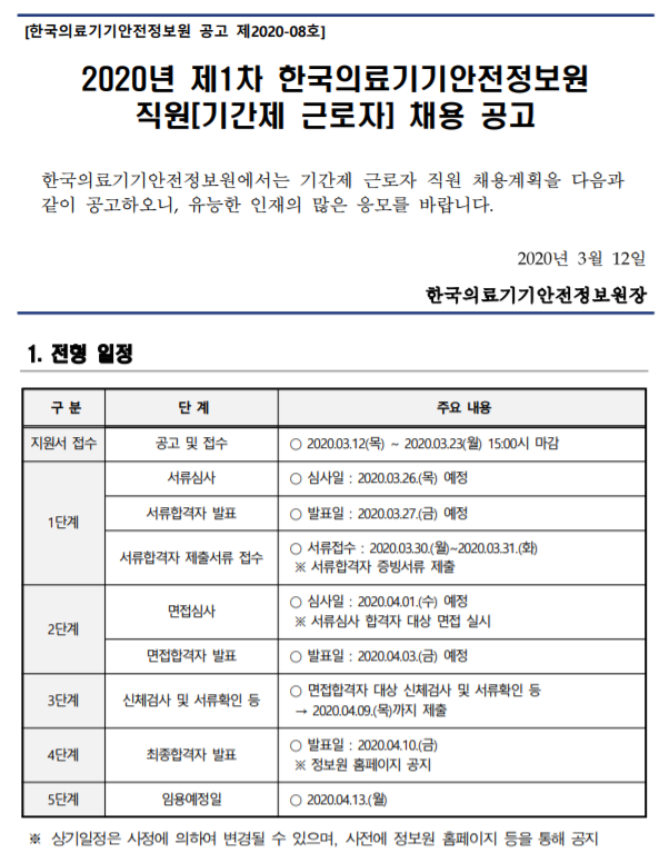  [채용][한국의료기기안전정보원] 2020년 제1차 직원(기간제 근로자) 채용 공고