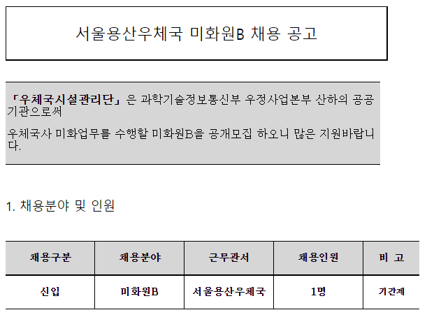 [채용][우체국시설관리단] 서울용산우체국 미화원B(대체, 기간제) 채용 공고