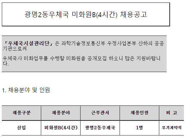  [채용][우체국시설관리단] 광명2동우체국 미화원B(4시간, 무기계약직) 채용공고