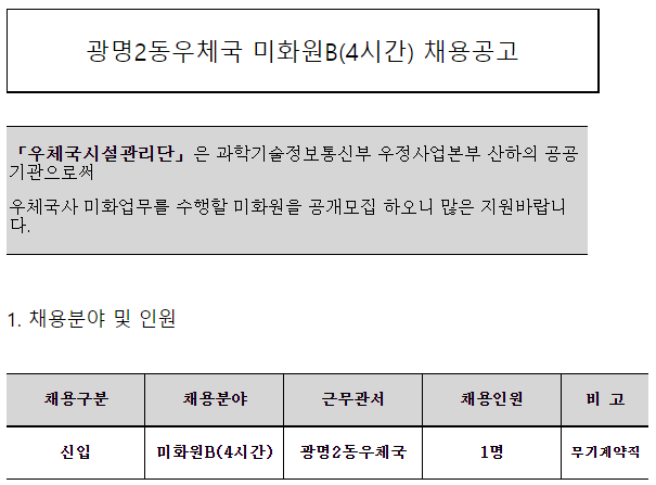 [채용][우체국시설관리단] 광명2동우체국 미화원B(4시간, 무기계약직) 채용공고